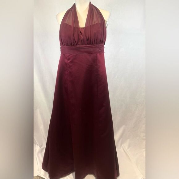 David’s Bridal satin and chiffon burgundy wine halter maxi dress size 16 - Picture 1 of 7
